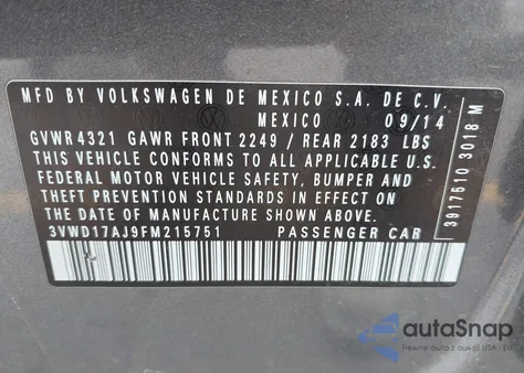 2015 Volkswagen Jetta 1.8T Se from USA, damaged, VIN 3VWD17AJ9FM215751